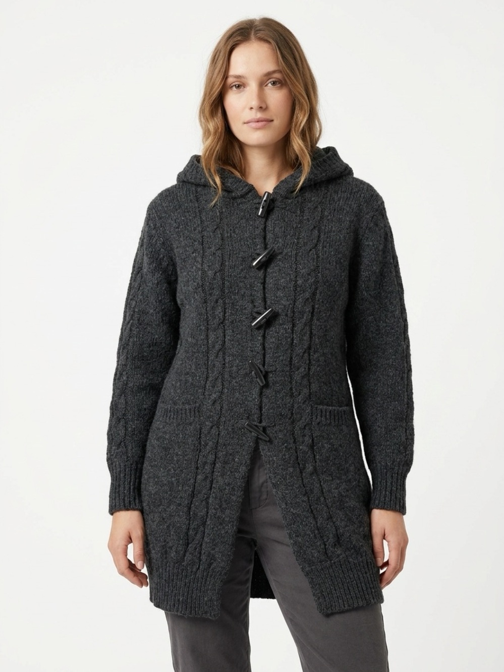 Targa Vintage Hooded Toggle Cardigan Coat Wool Cable Knit Charcoal Grey Size M